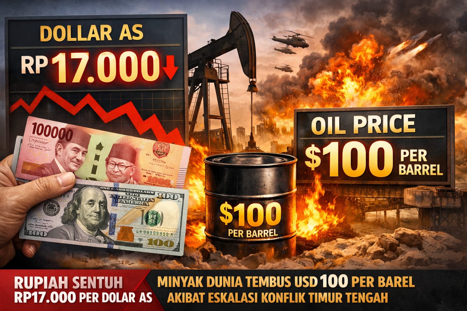 Rupiah Sentuh Rp17.000 per Dolar AS dan Minyak Dunia Tembus USD100 per Barel Akibat Eskalasi Konflik Timur Tengah